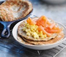 Breakfast recipe: Small pancakes with smoked salmon and scrambled eggs