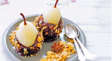 Gourmet dessert recipe: Poached pears with chocolate sauce and almonds