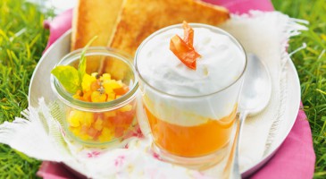 Gourmet recipe: Cold tomato soup with yellow bell pepper and chantilly