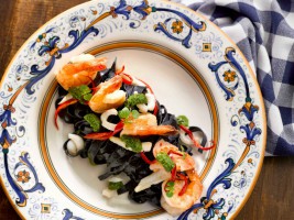 Chef Andrea Bontempi: Squid ink linguine, sustainable black tiger prawn, cuttlefish, Italian parsley sauce